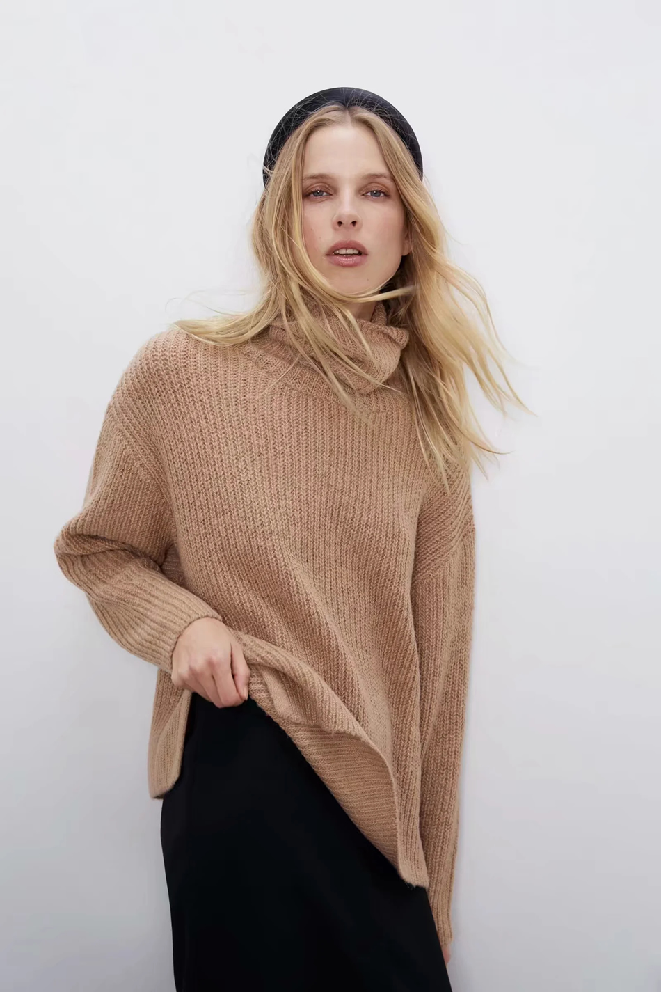 Fashion Gray Alpaca High Neck Blend Loose Knit Sweater,Sweater