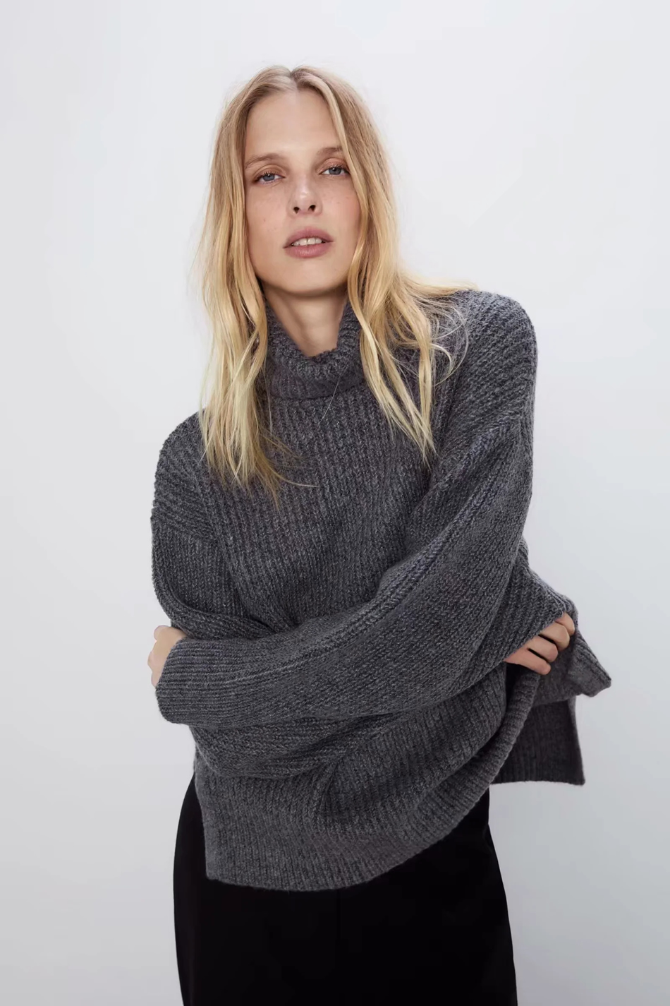 Fashion Gray Alpaca High Neck Blend Loose Knit Sweater,Sweater
