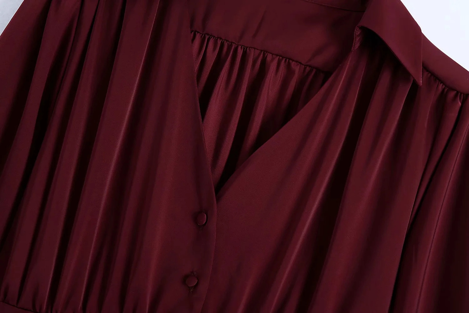 Fashion Red Wine Silk Satin V-neck Pleated Long Sleeve Dress,Long Dress