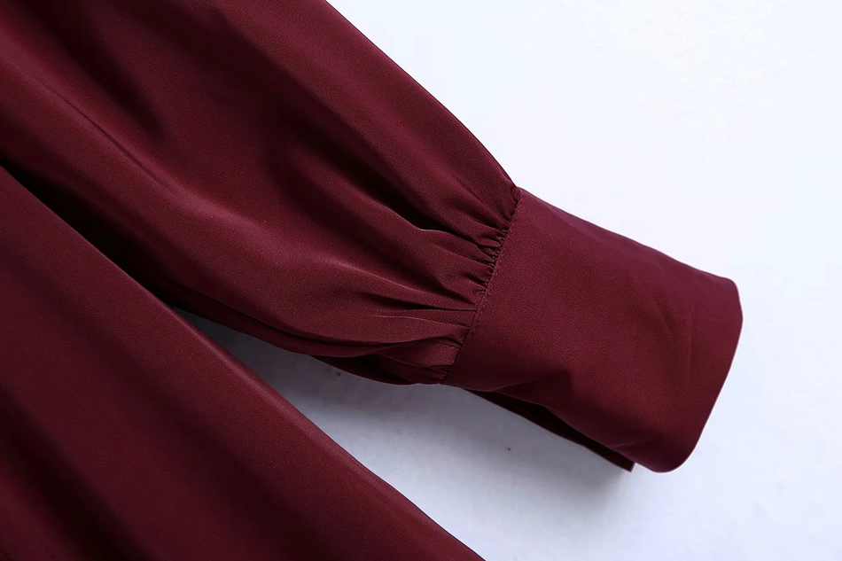 Fashion Red Wine Silk Satin V-neck Pleated Long Sleeve Dress,Long Dress