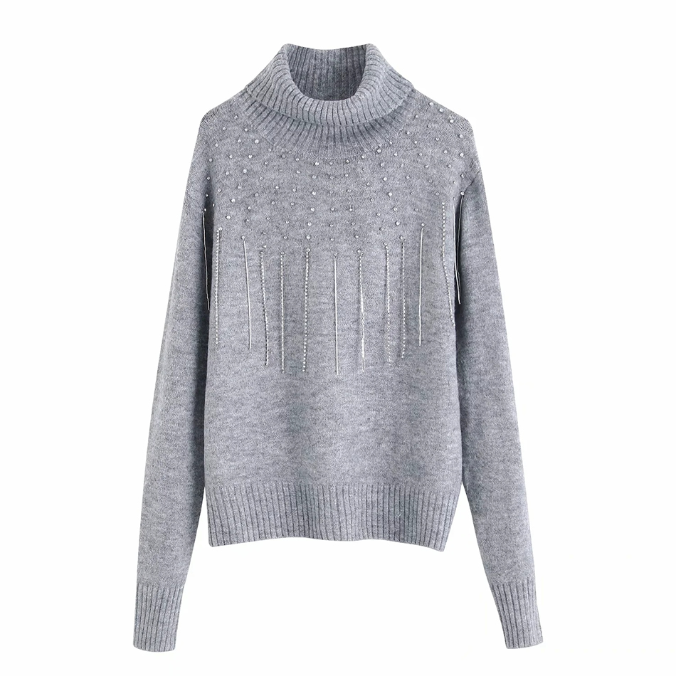 Fashion Gray Handmade Tassel Beaded Turtleneck Loose Sweater,Sweater