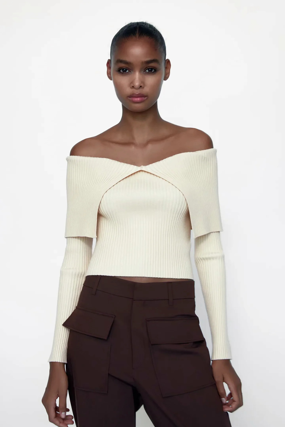 Fashion Beige One-shoulder Long-sleeved Tight Knit Top,Sweater