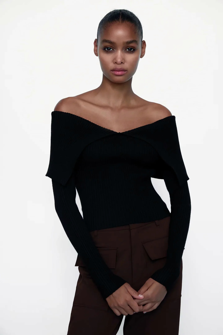 Fashion Black One-shoulder Long-sleeved Tight Knit Top,Sweater