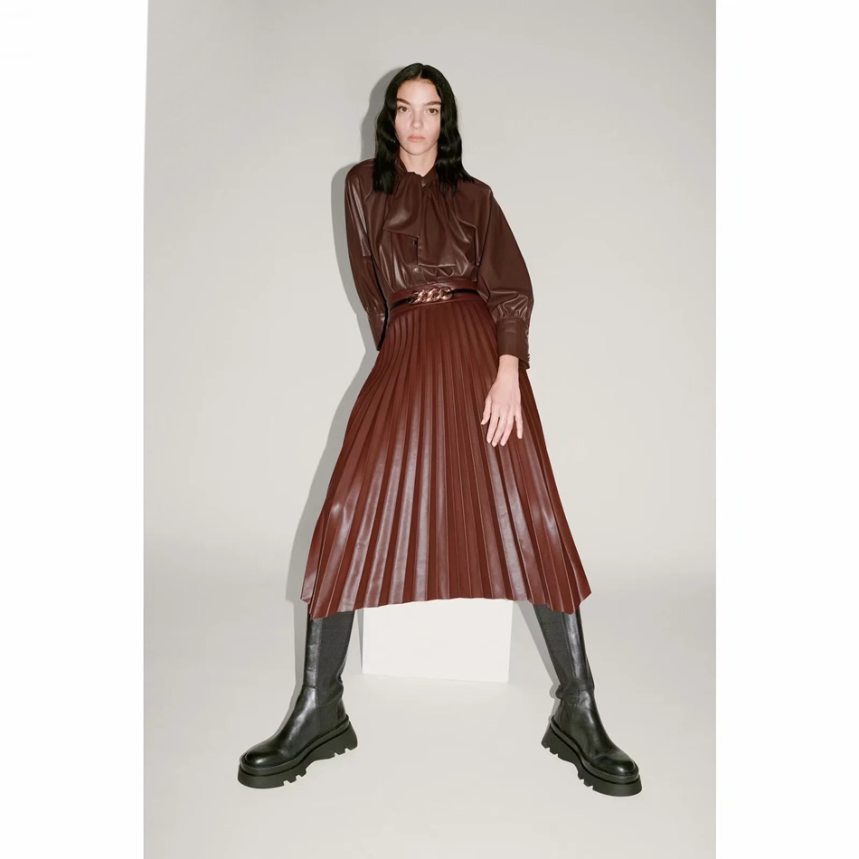 Fashion Dark Red Single-breasted Loose Shirt With Faux Leather Straps,Long Dress
