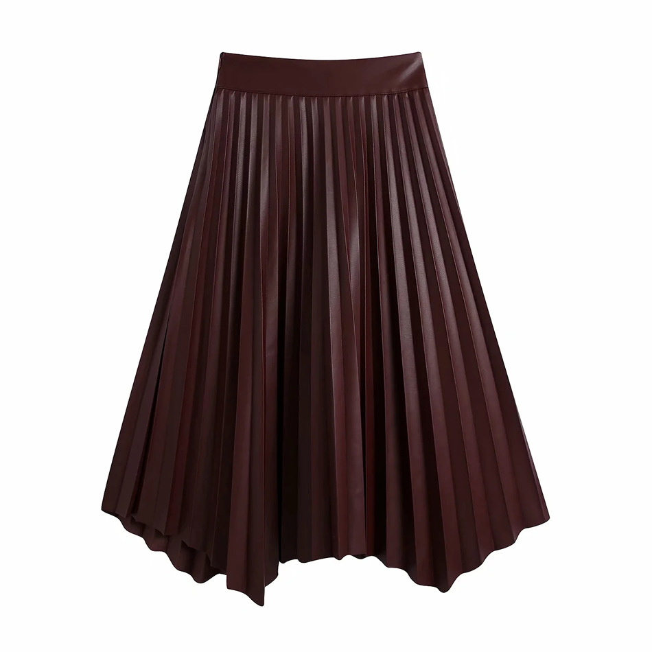 Fashion Dark Red Faux Leather Irregular Hem Pleated Skirt,Skirts