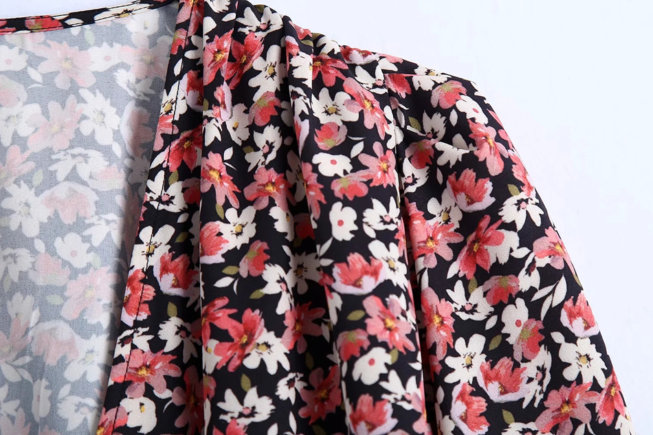 Fashion Color Flower Print V-neck Long Sleeve Dress,Long Dress