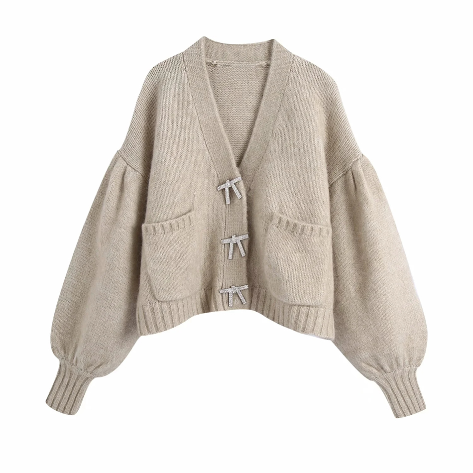 Fashion Apricot Bowknot V-neck Knitted Cardigan Sweater,Sweater