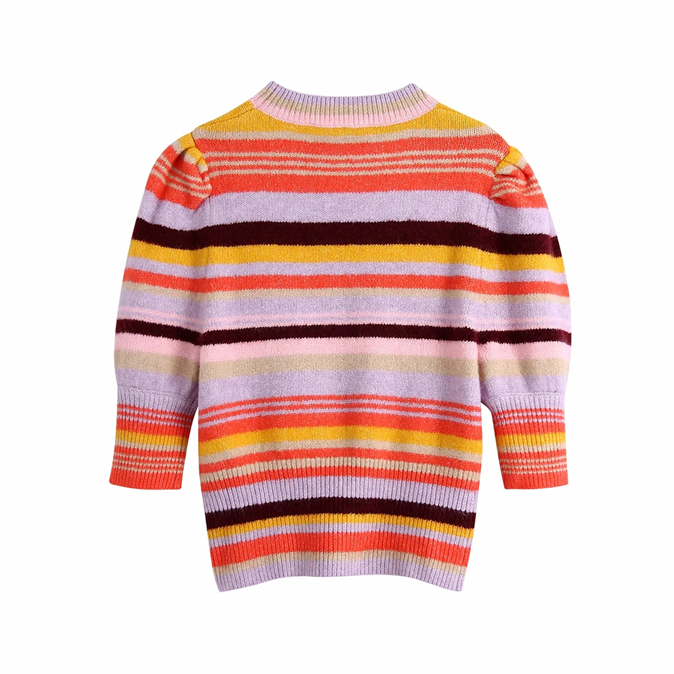 Fashion Color Striped Contrast Round Neck Sweater,Sweater