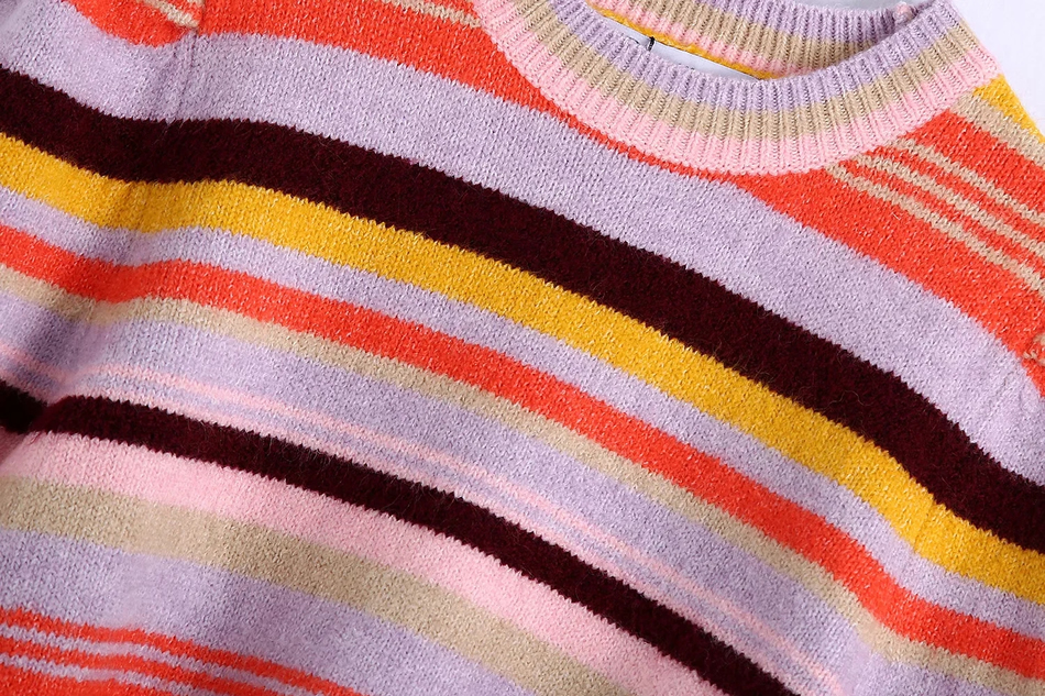 Fashion Color Striped Contrast Round Neck Sweater,Sweater