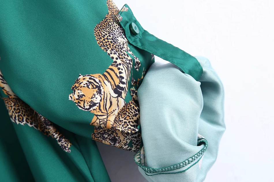 Fashion Green Tiger Print Belted Dress,Long Dress