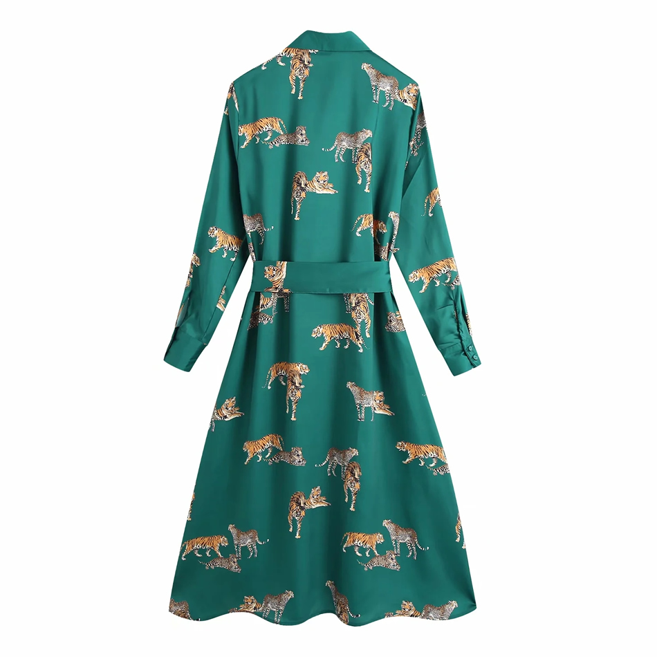 Fashion Green Tiger Print Belted Dress,Long Dress