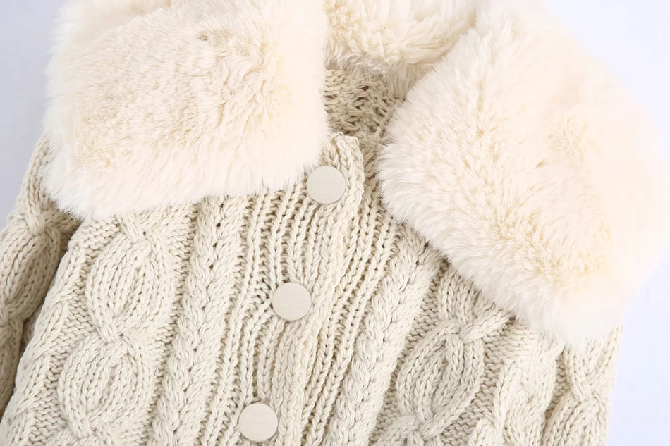 Fashion Creamy-white Faux Fur Stitching Twist Knit Jacket,Sweater