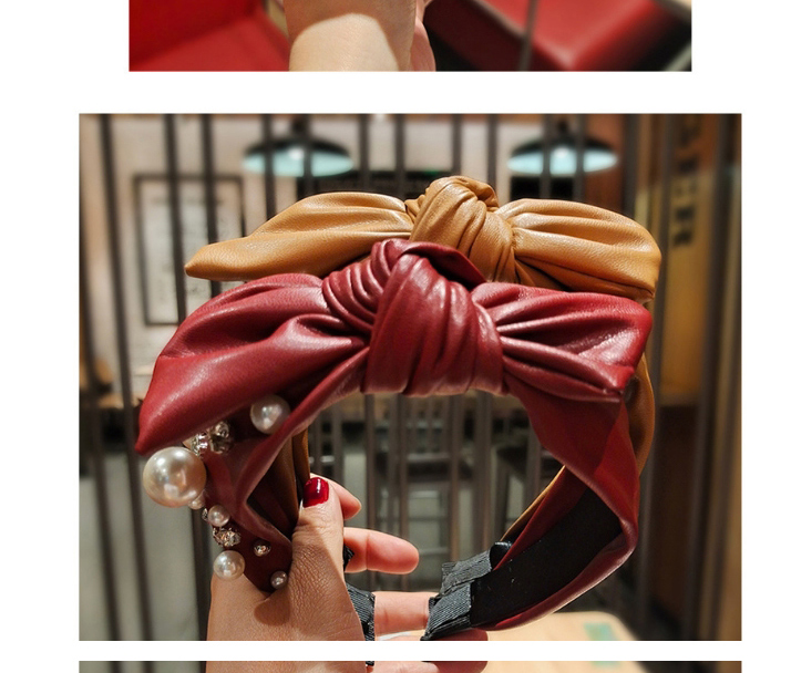 Fashion Red Wine Pu Leather Wide Studded Pearl Rhinestone Bow Headband,Head Band