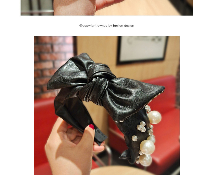 Fashion Black Pu Leather Wide Studded Pearl Rhinestone Bow Headband,Head Band