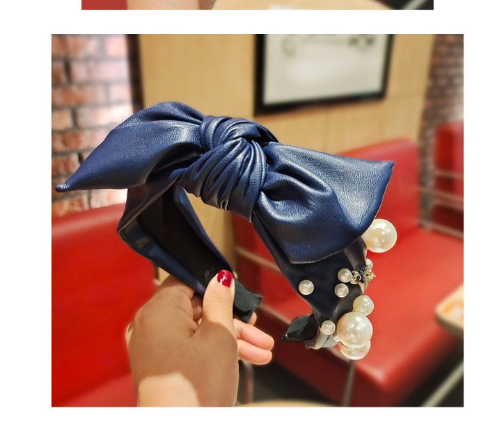 Fashion Navy Blue Pu Leather Wide Studded Pearl Rhinestone Bow Headband,Head Band