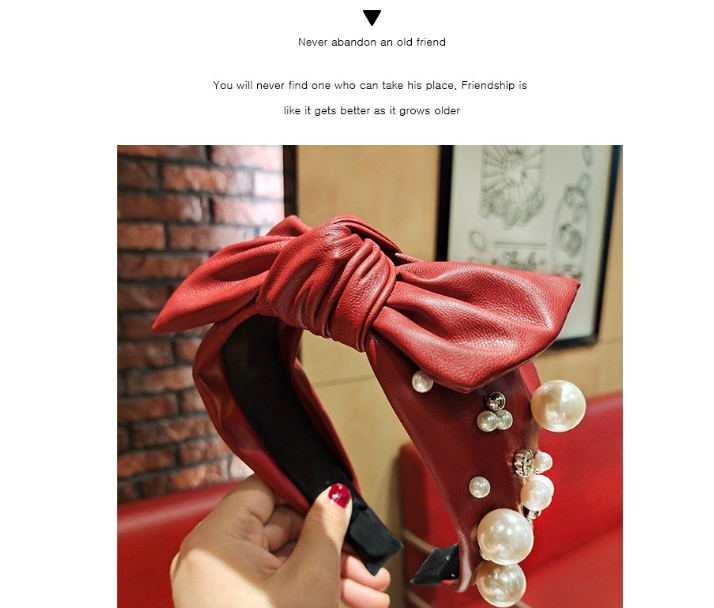 Fashion Red Wine Pu Leather Wide Studded Pearl Rhinestone Bow Headband,Head Band