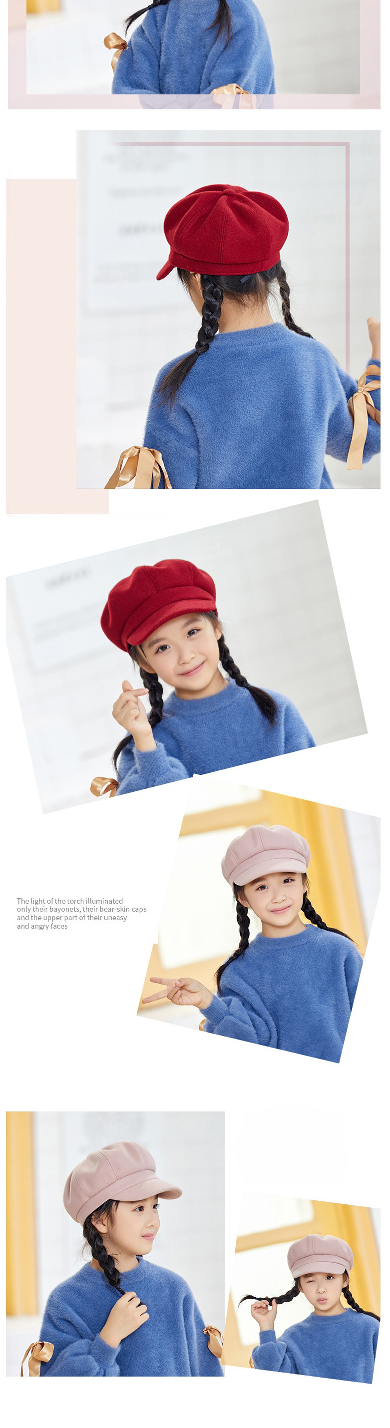 Fashion Children Beige Woolen Solid Color Stitching Parent-child Octagonal Beret,Children