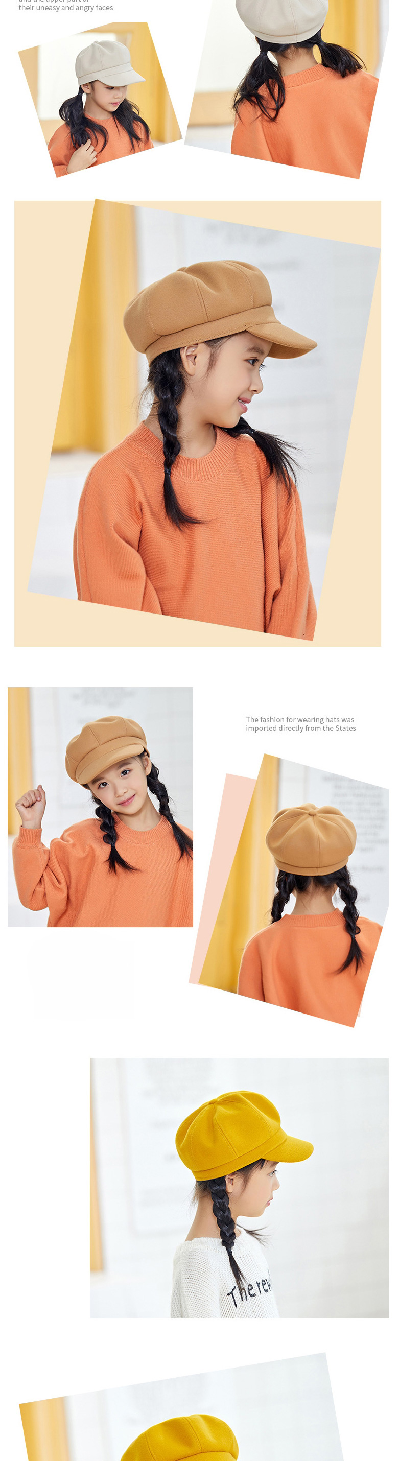 Fashion Adult Beige Woolen Solid Color Stitching Parent-child Octagonal Beret,Knitting Wool Hats
