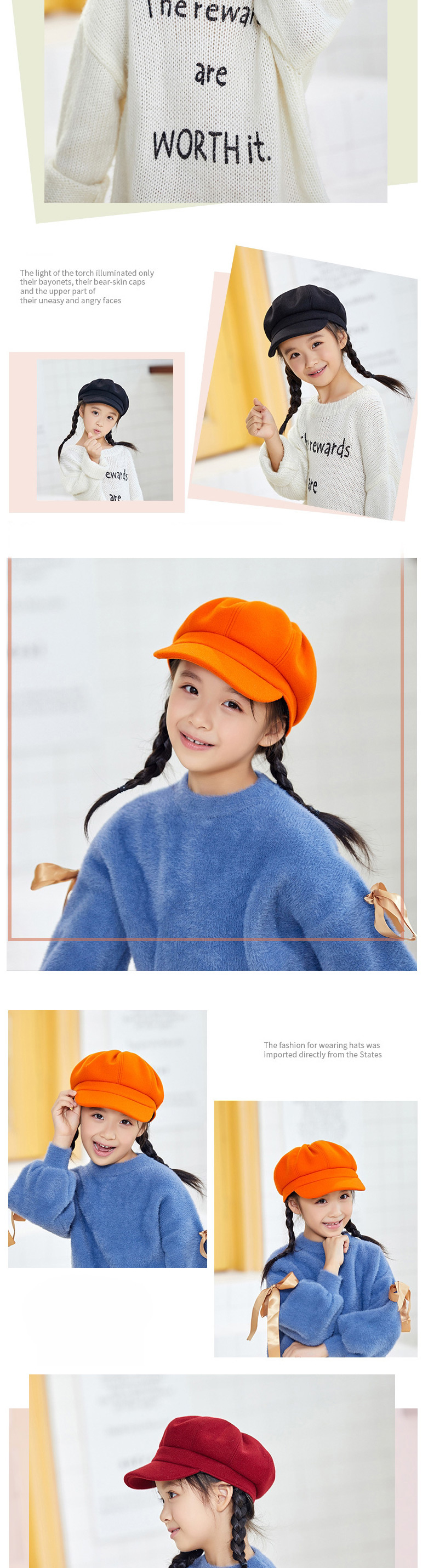 Fashion Children Orange Woolen Solid Color Stitching Parent-child Octagonal Beret,Children