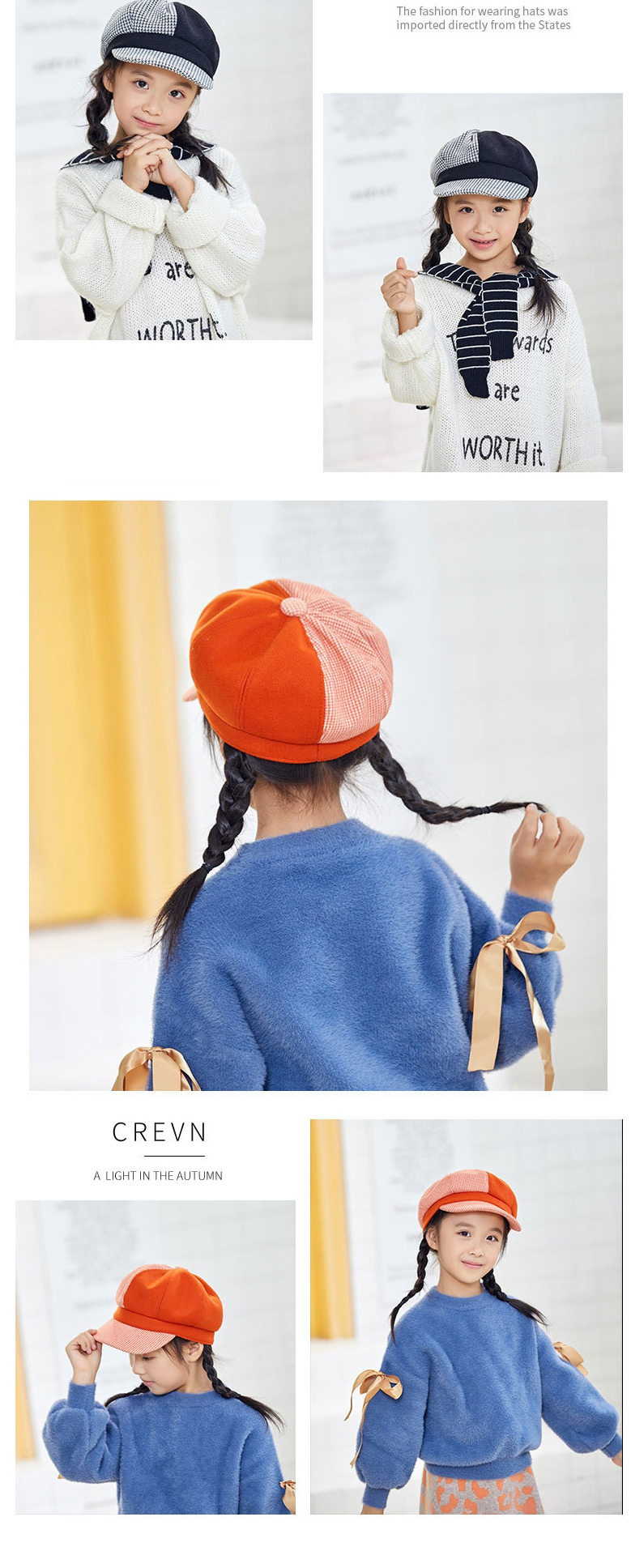 Fashion Children Pink Colorblock Plaid Woolen Parent-child Octagonal Hat,Children