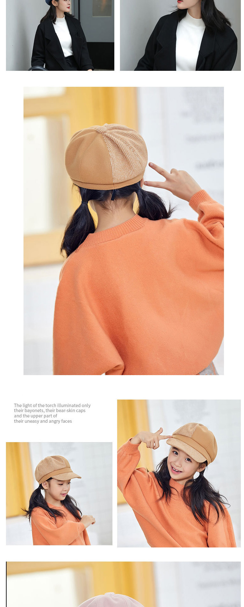 Fashion Children Orange Colorblock Plaid Woolen Parent-child Octagonal Hat,Children