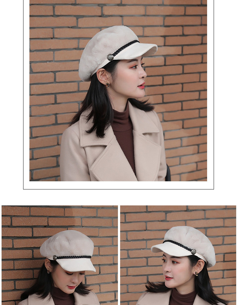 Fashion Khaki Plush Contrast Button Octagonal Beret,Knitting Wool Hats