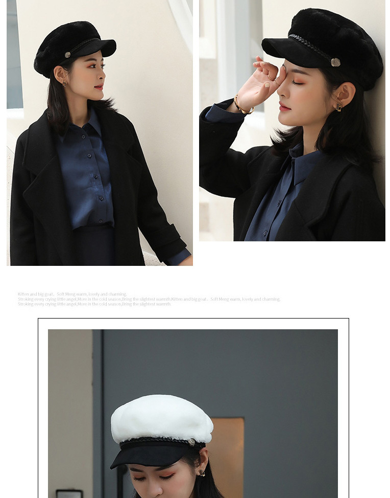 Fashion Black Plush Contrast Button Octagonal Beret,Knitting Wool Hats