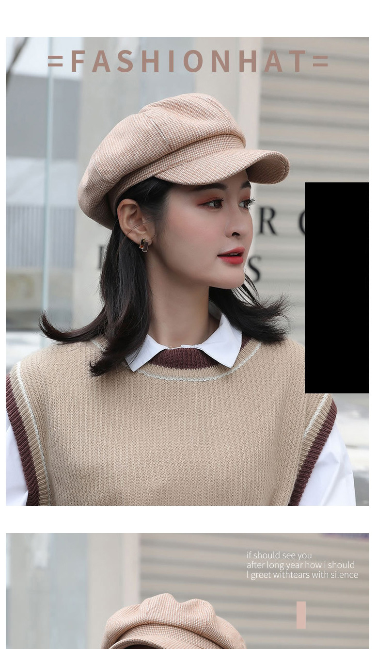 Fashion Beige Houndstooth Solid Color Wool Octagonal Beret,Knitting Wool Hats