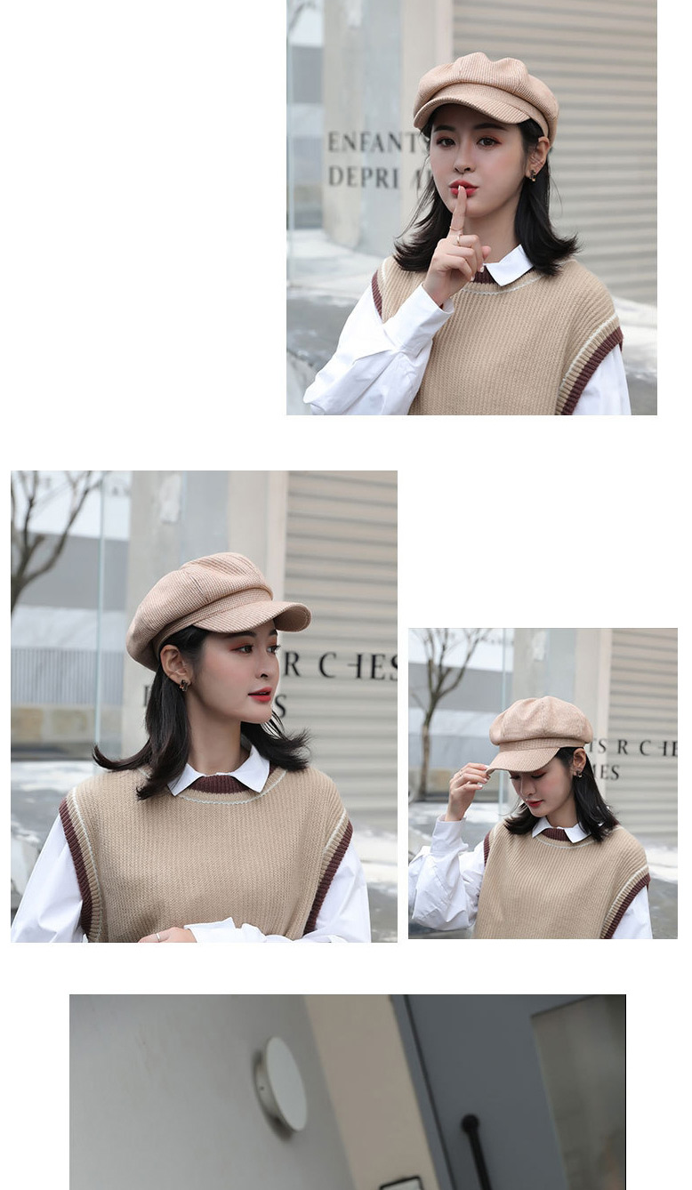 Fashion Khaki Houndstooth Solid Color Wool Octagonal Beret,Knitting Wool Hats