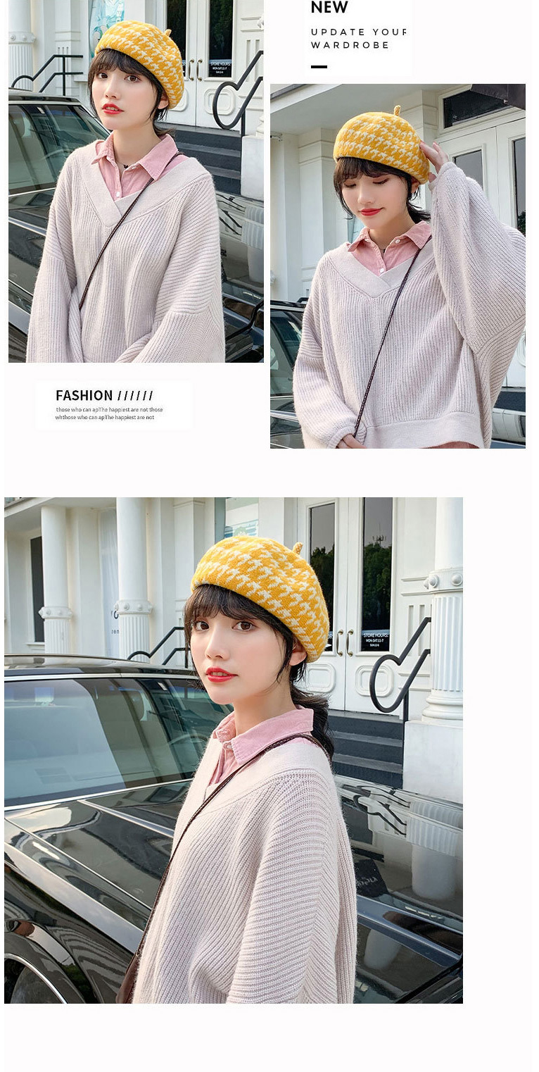 Fashion Mango Yellow Houndstooth Wool Beret,Knitting Wool Hats
