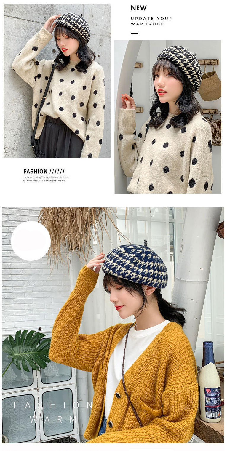 Fashion Navy Blue Houndstooth Wool Beret,Knitting Wool Hats