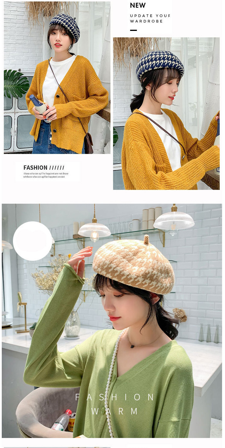 Fashion Khaki Houndstooth Wool Beret,Knitting Wool Hats