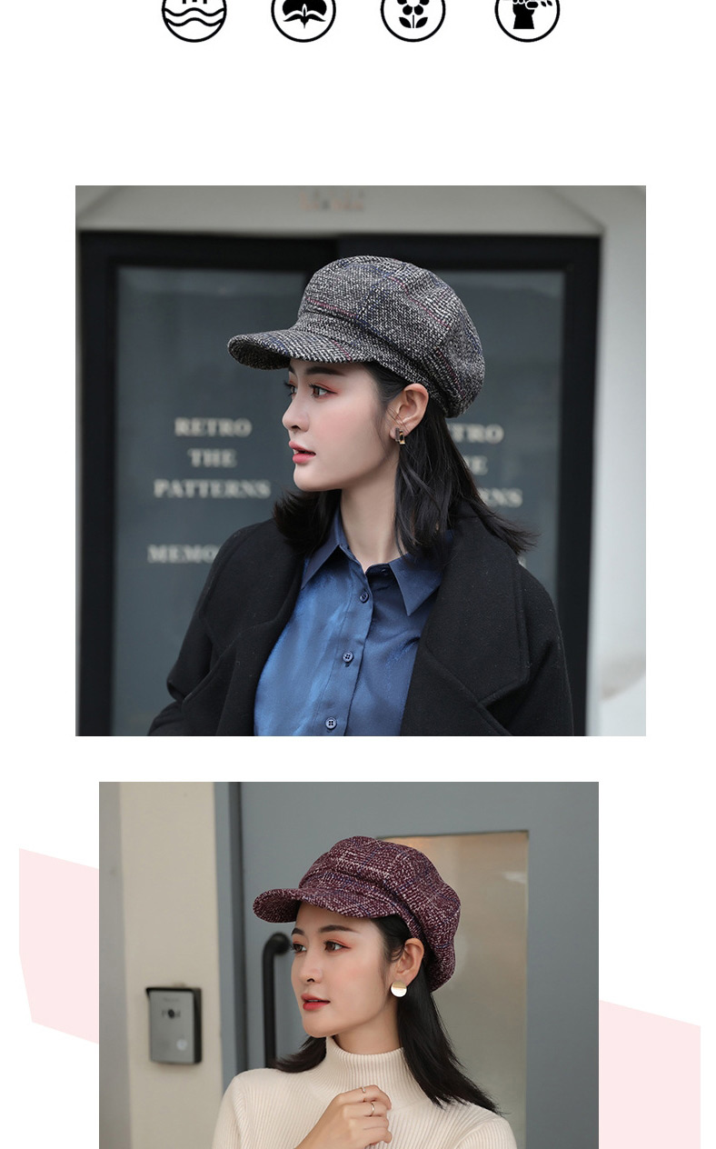 Fashion Black Wool Checked Stitching Beret Octagonal Hat,Knitting Wool Hats