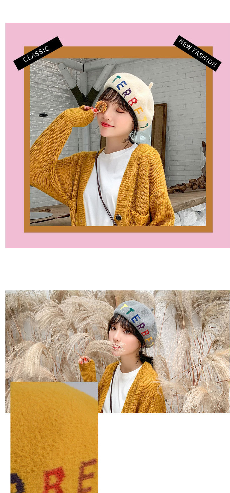 Fashion Beige Wool Blend Letter Contrast Beret,Knitting Wool Hats