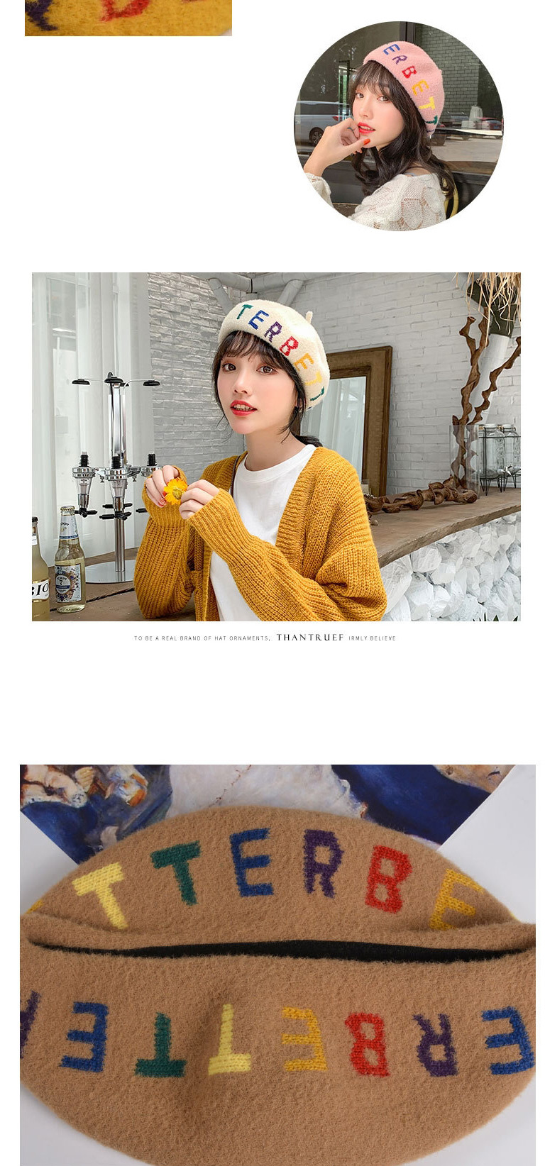 Fashion Mango Yellow Wool Blend Letter Contrast Beret,Knitting Wool Hats