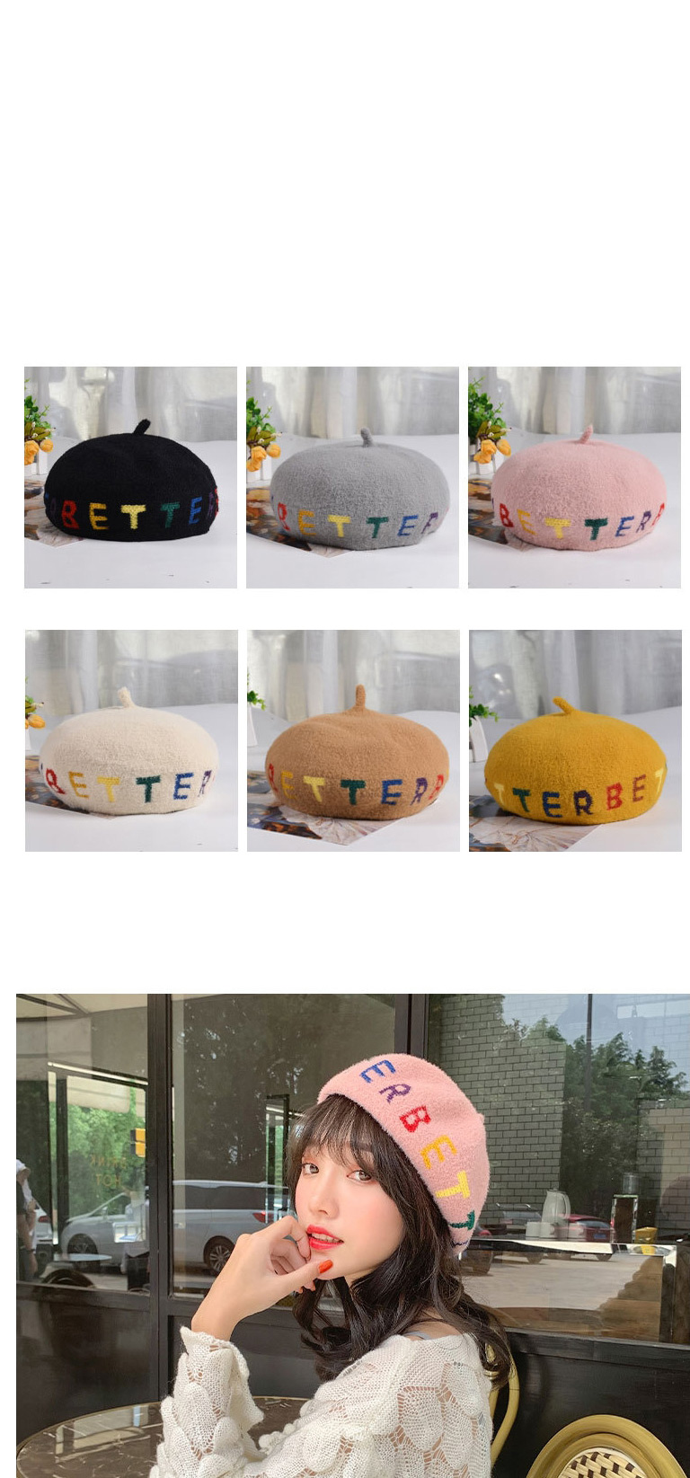 Fashion Pink Wool Blend Letter Contrast Beret,Knitting Wool Hats