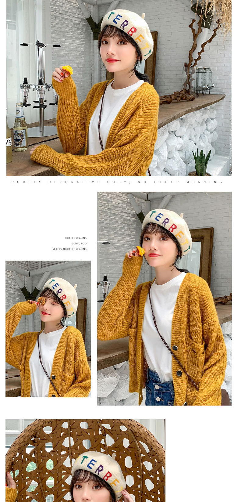 Fashion Mango Yellow Wool Blend Letter Contrast Beret,Knitting Wool Hats