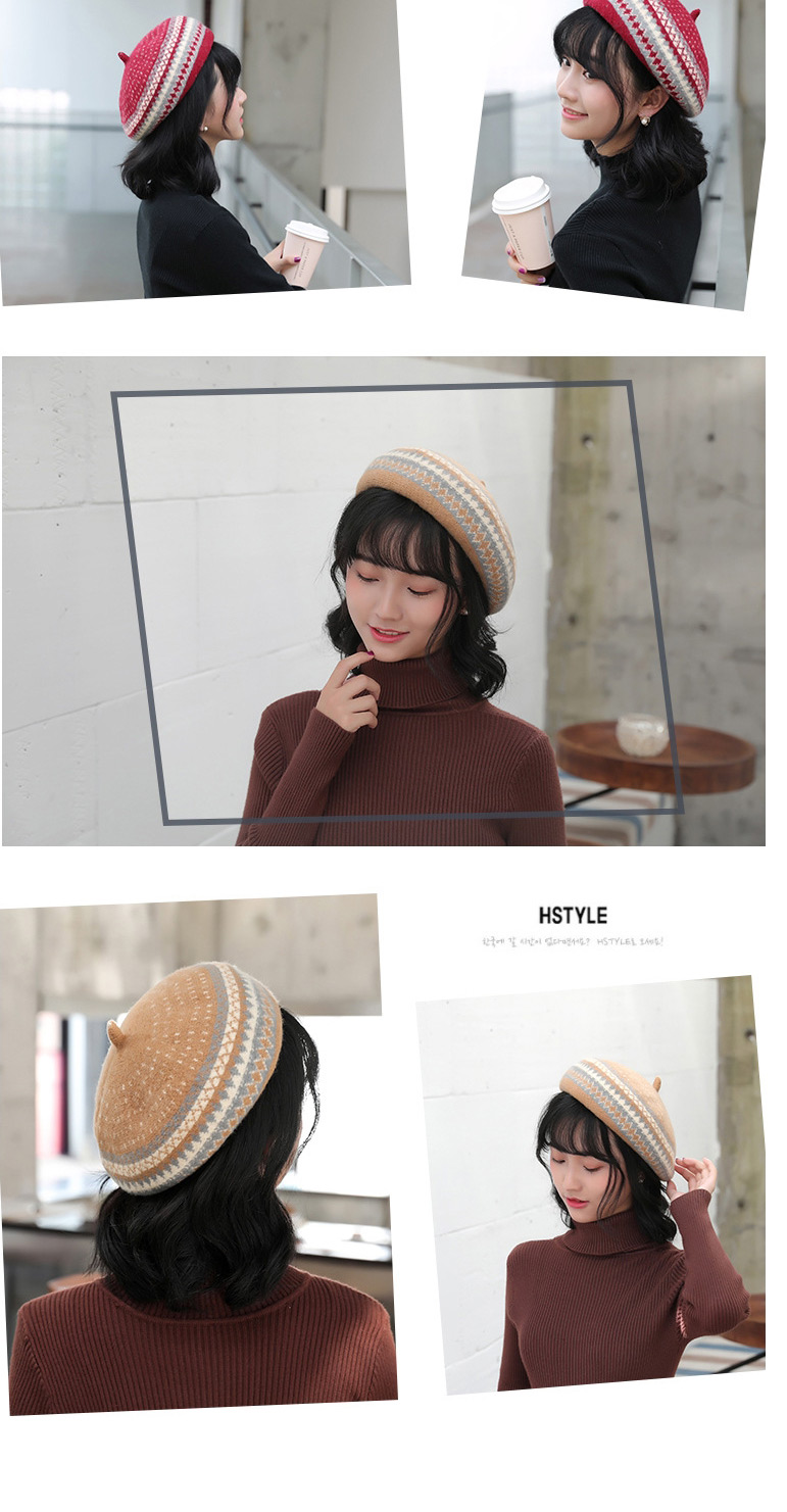 Fashion Wine Red Woolen Wave Pattern Contrast Beret,Knitting Wool Hats