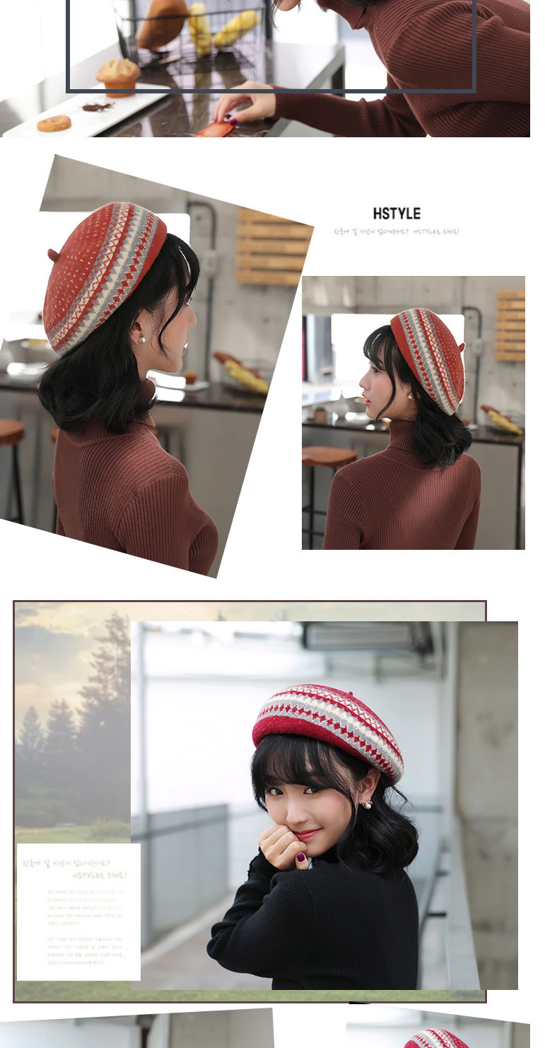 Fashion Brick Red Woolen Wave Pattern Contrast Beret,Knitting Wool Hats