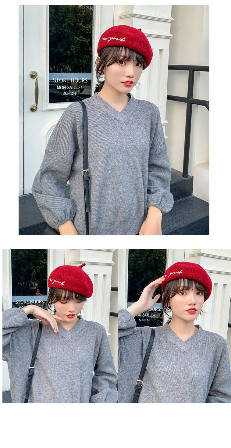 Fashion Skin Powder Wool Solid Color Season Embroidered Letter Beret,Knitting Wool Hats