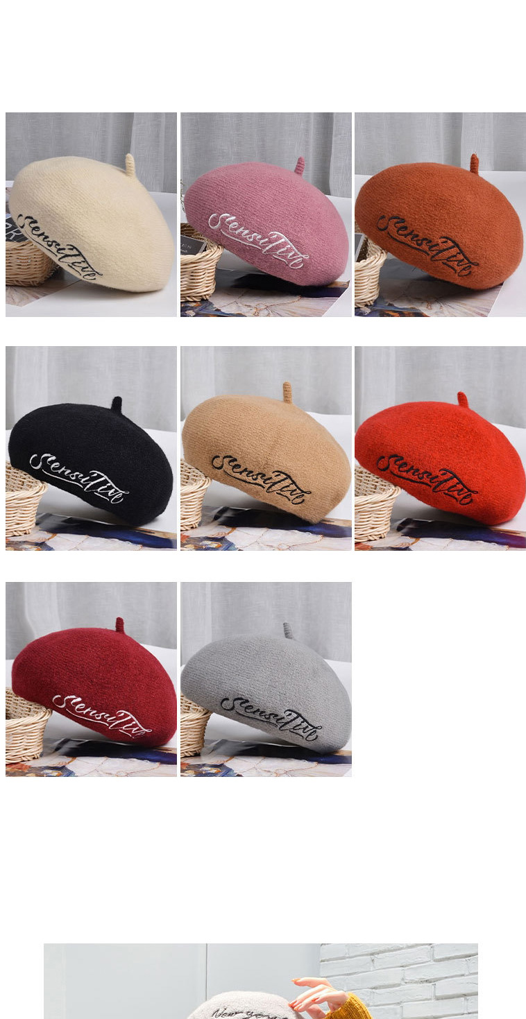 Fashion Gray Wool Solid Color Season Embroidered Letter Beret,Knitting Wool Hats