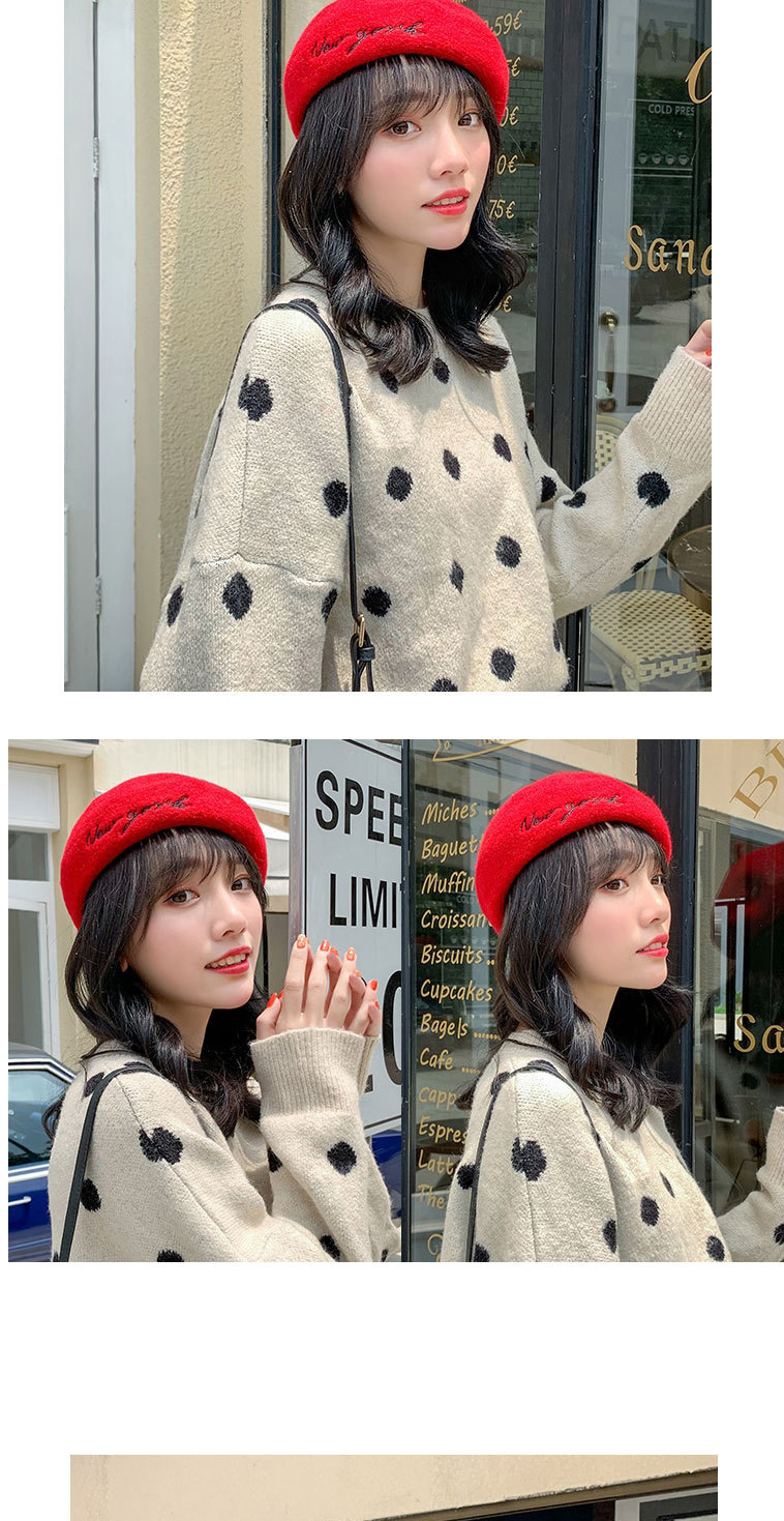 Fashion Skin Powder Wool Solid Color Season Embroidered Letter Beret,Knitting Wool Hats