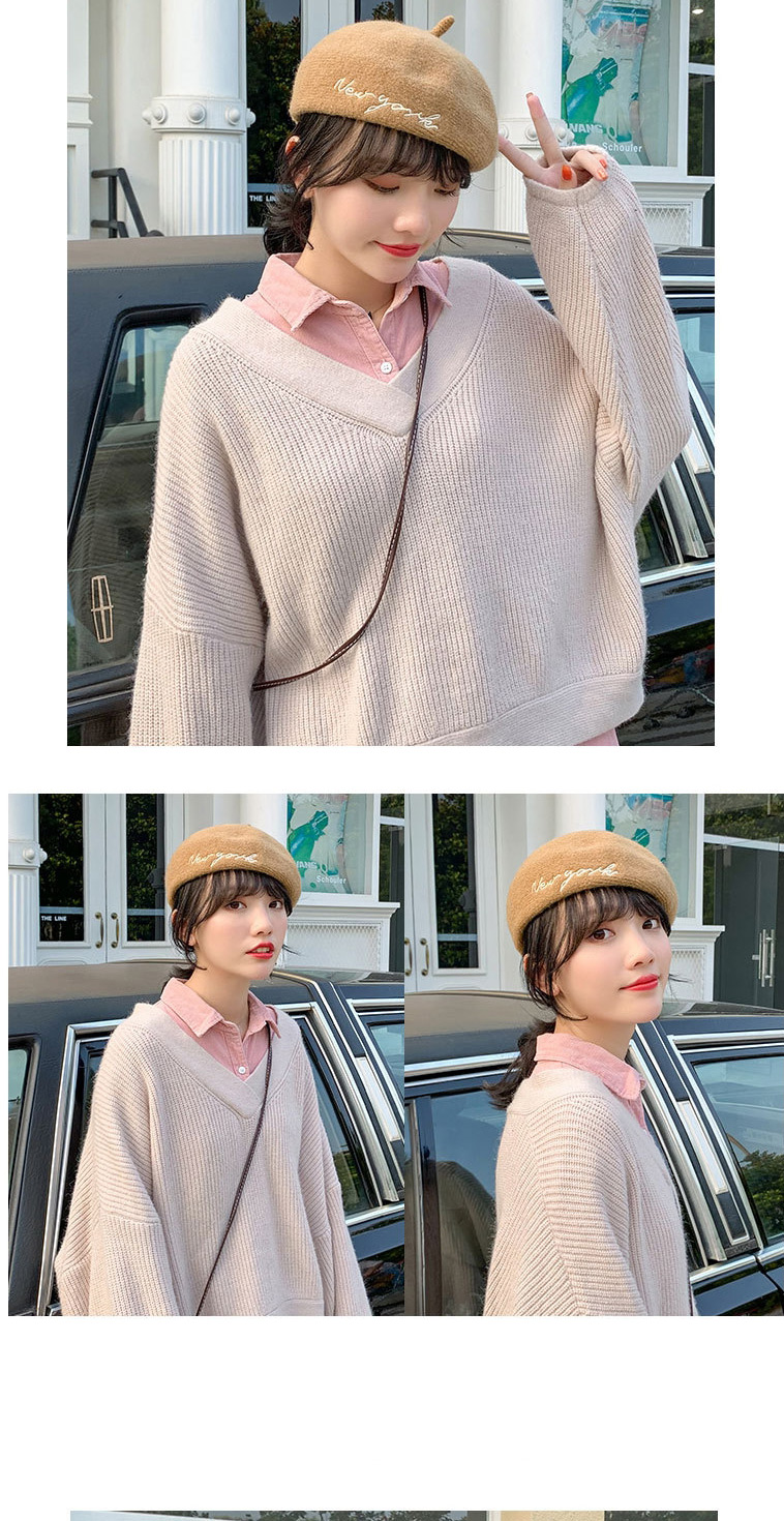 Fashion Beige Wool Solid Color Season Embroidered Letter Beret,Knitting Wool Hats