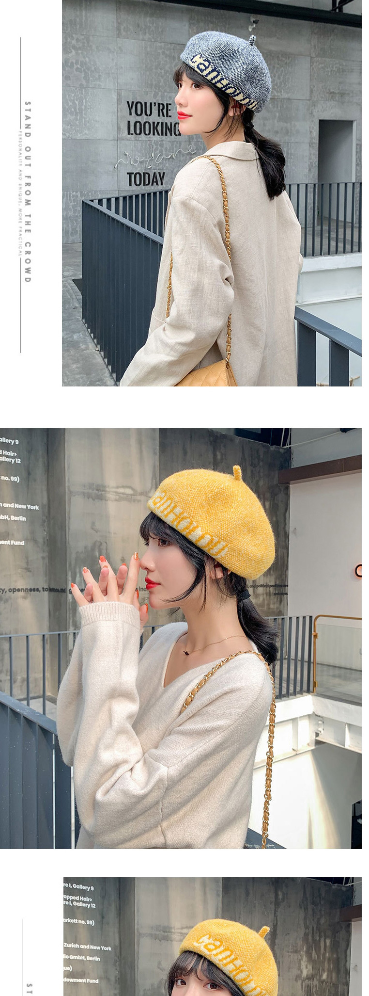 Fashion Mango Yellow Letter Wool Contrast Beret,Knitting Wool Hats