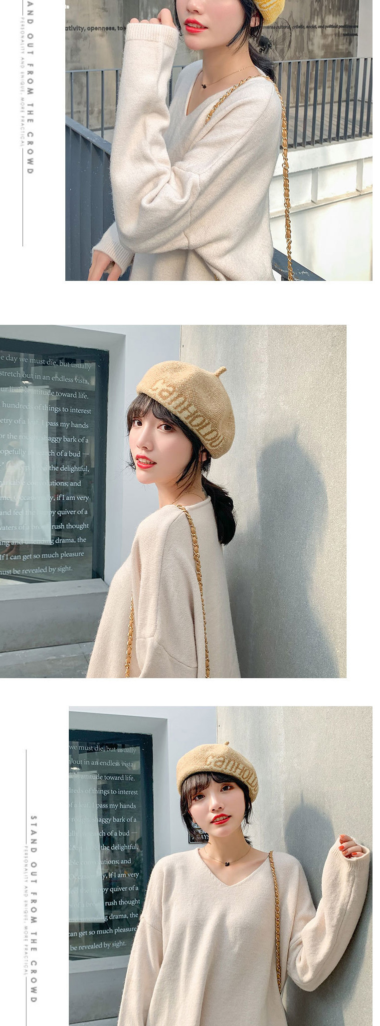 Fashion Caramel Letter Wool Contrast Beret,Knitting Wool Hats