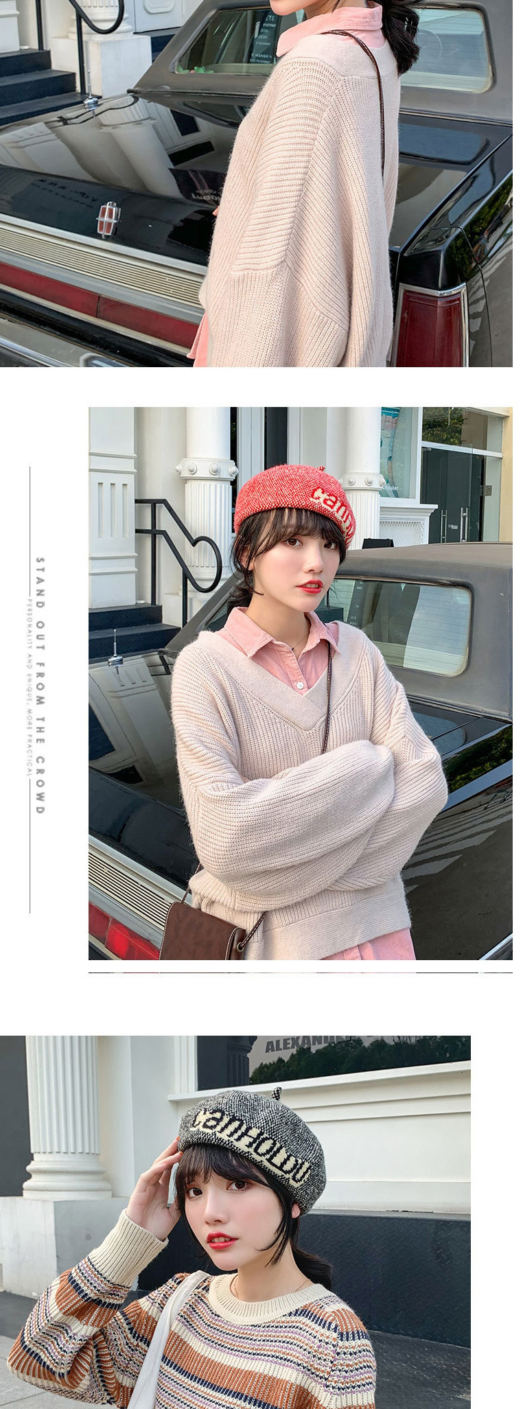 Fashion Leather Pink Letter Wool Contrast Beret,Knitting Wool Hats