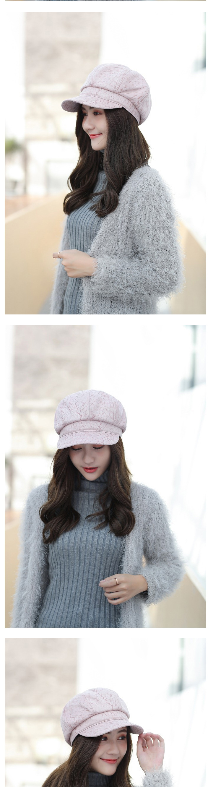 Fashion Deep Pink Printed Stitching Deerskin Octagonal Beret,Knitting Wool Hats