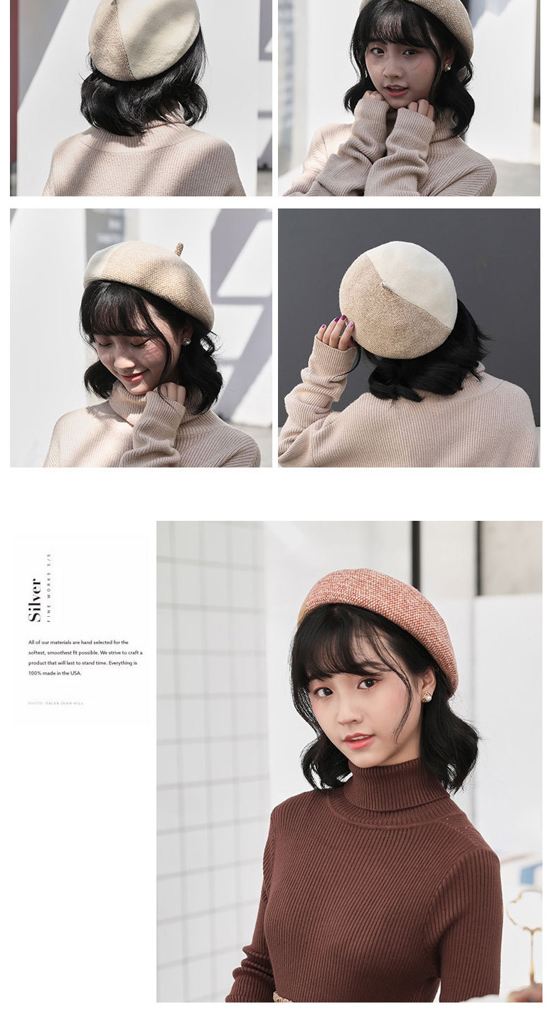 Fashion Khaki Wool Blend Stitching Contrast Beret,Knitting Wool Hats