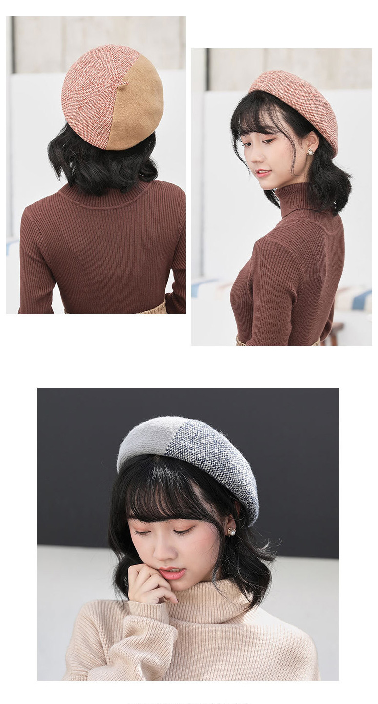 Fashion Gray Wool Blend Stitching Contrast Beret,Knitting Wool Hats