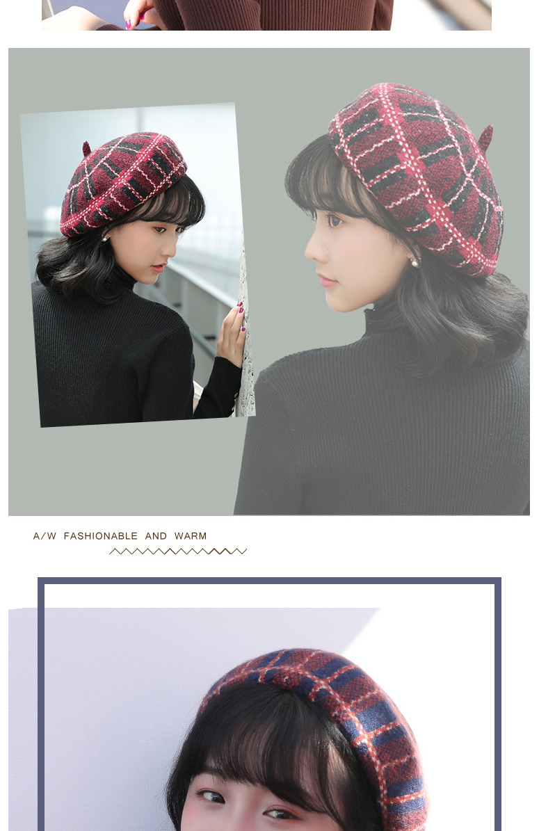 Fashion Brick Red Check Wool Check Beret,Knitting Wool Hats